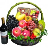 Seasonal Fruits Hamper with Mooncake and Red Wine