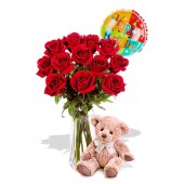 12 Rose Package with Medium Lovely Teddy Bear and 16 inch Happy Birthday Helium Balloon