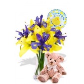 Asiatic and Iris Package with Medium Teddy Bear and Helium Balloon